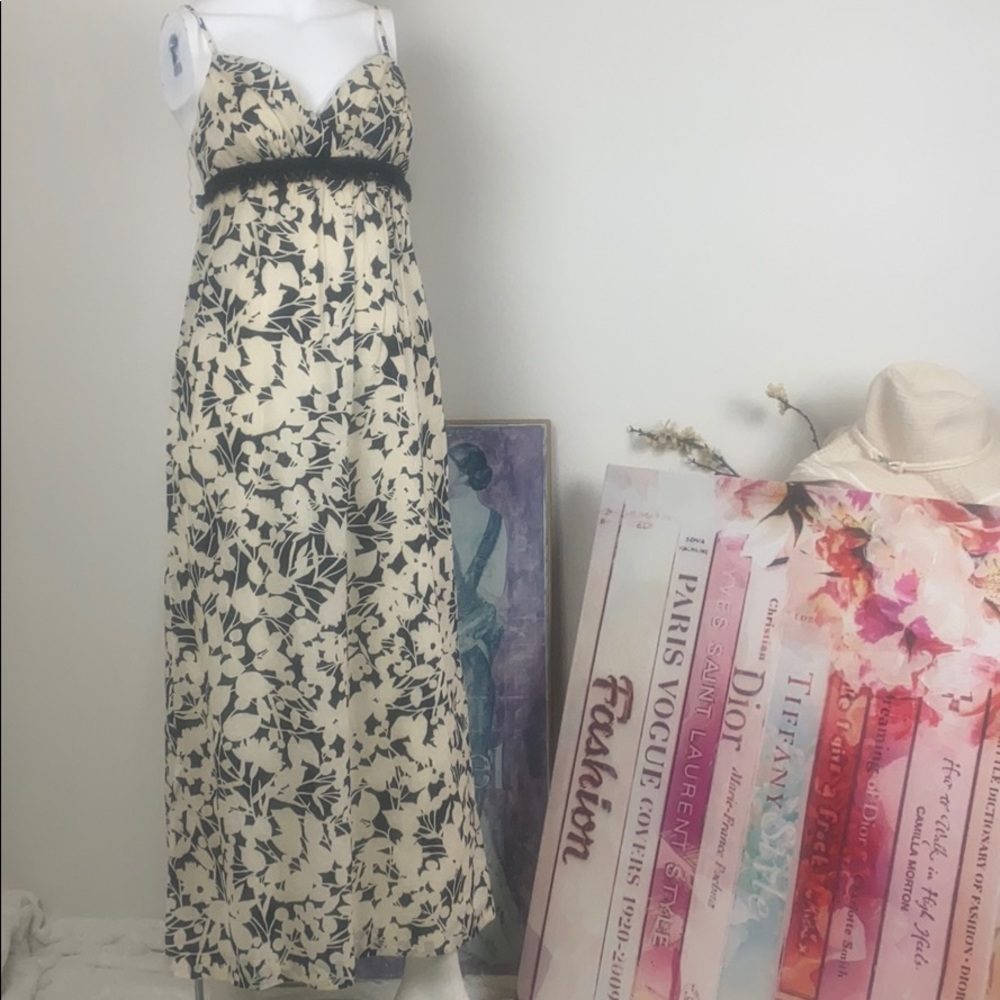 London Times Cream Navy Printed Cotton Maxi Dress
